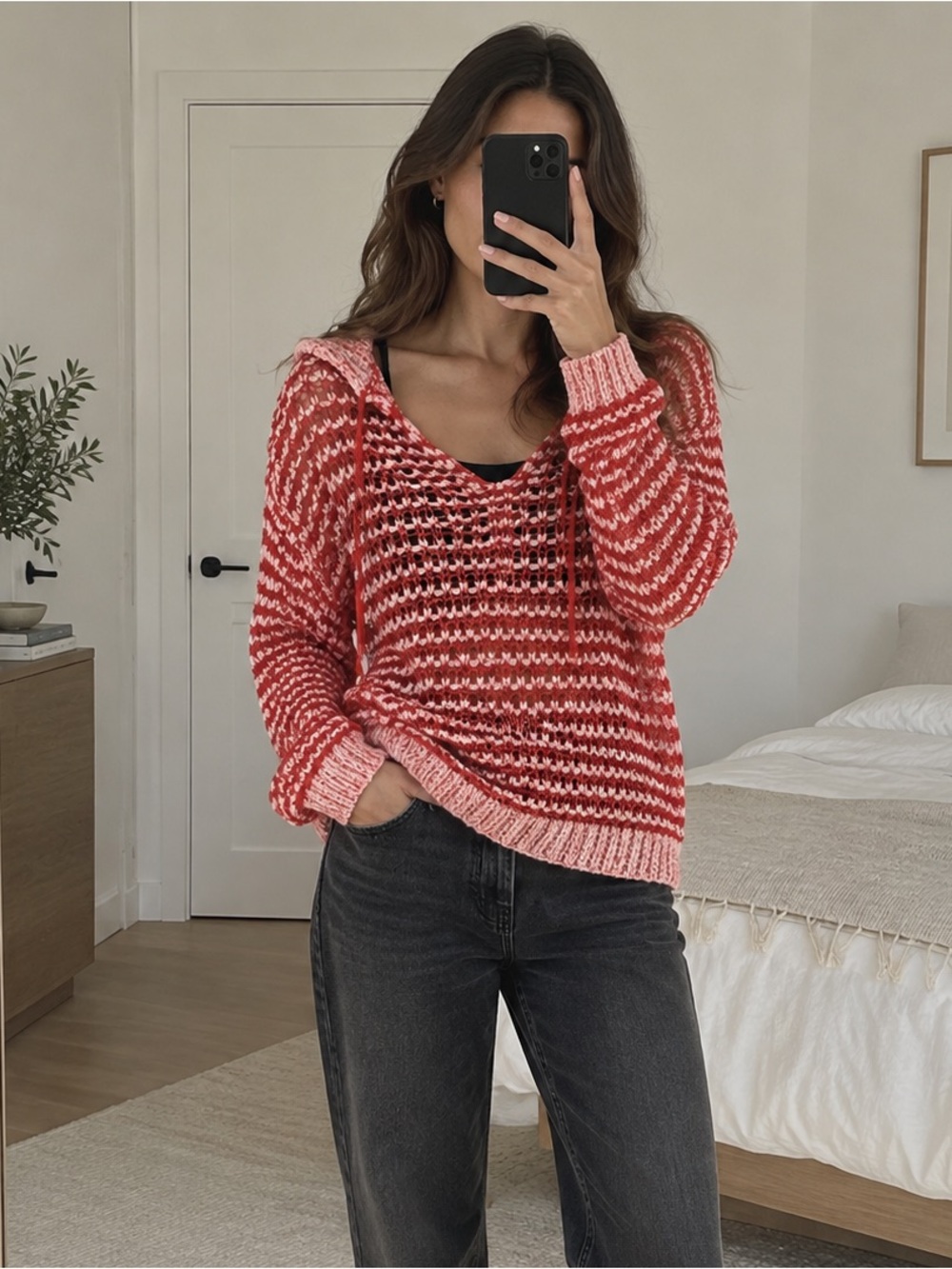 Zara Wool Blend Open Knit Polo Sweater Red Pink Size L